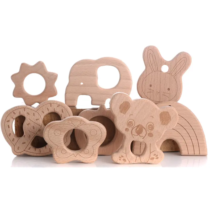 1Pcs Wooden Rodent Teethers Baby Cartoon Animals Rainbow Ice Cream Beech Teether Pendant For Baby Pacifier Chain Nurse Gifts Toy