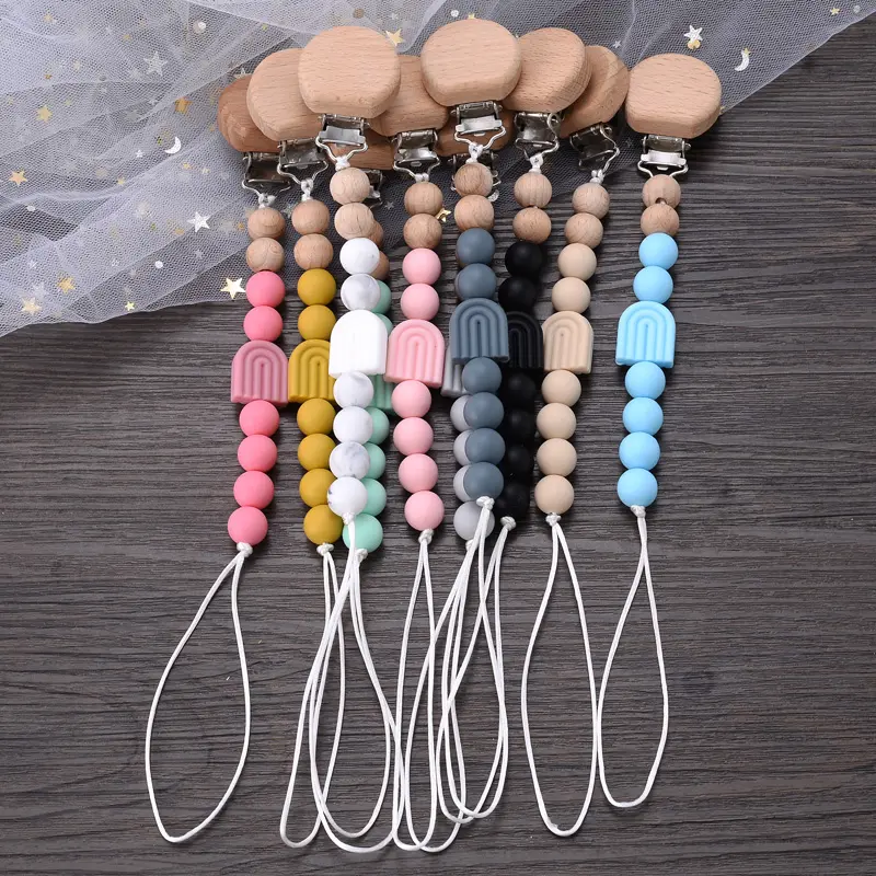 New Baby Pacifier Clips Round Beech Clips Silicone Rainbow Beads for Dummy Nipple Holder Soother Chain Teether Toy