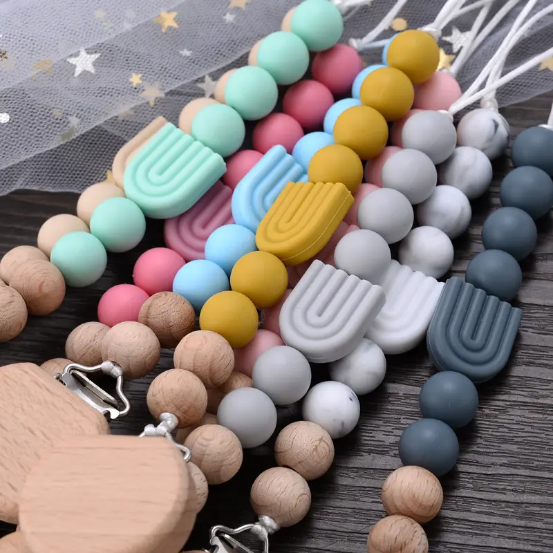 New Baby Pacifier Clips Round Beech Clips Silicone Rainbow Beads for Dummy Nipple Holder Soother Chain Teether Toy