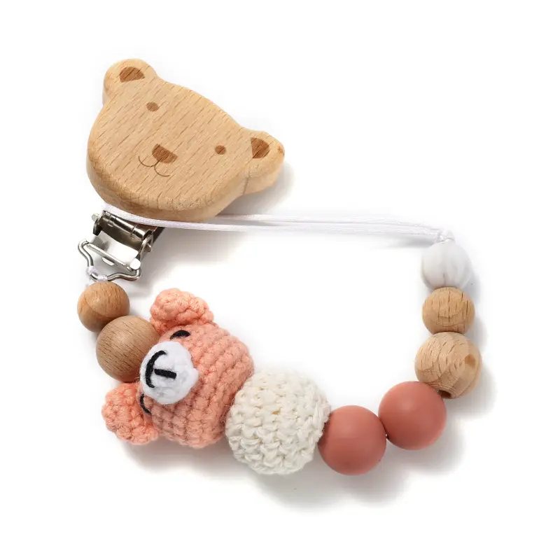 Baby Beech Wood Pacifier Clip Cartoon Animal Crochet Beads Silicone Nipple Chain For Teether Nursing Toys Baby Pacifier Chain