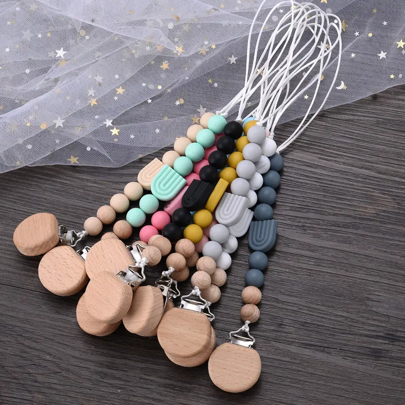 New Baby Pacifier Clips Round Beech Clips Silicone Rainbow Beads for Dummy Nipple Holder Soother Chain Teether Toy