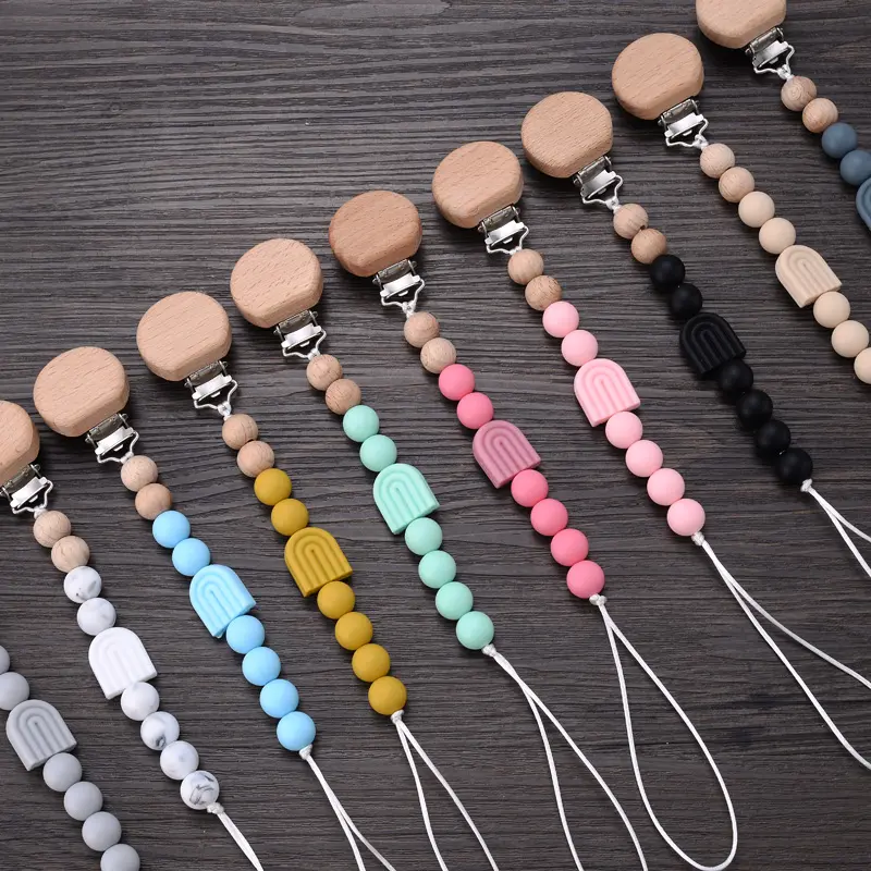 New Baby Pacifier Clips Round Beech Clips Silicone Rainbow Beads for Dummy Nipple Holder Soother Chain Teether Toy