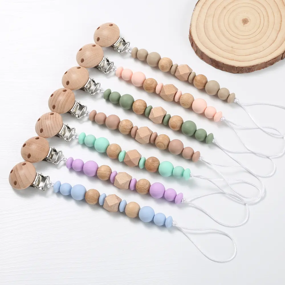 New Baby Pacifier Chain Clips Wood Silicone Round Octagonal Beads Teething Chain For Infant Appease Soother Dummy Holder Clip