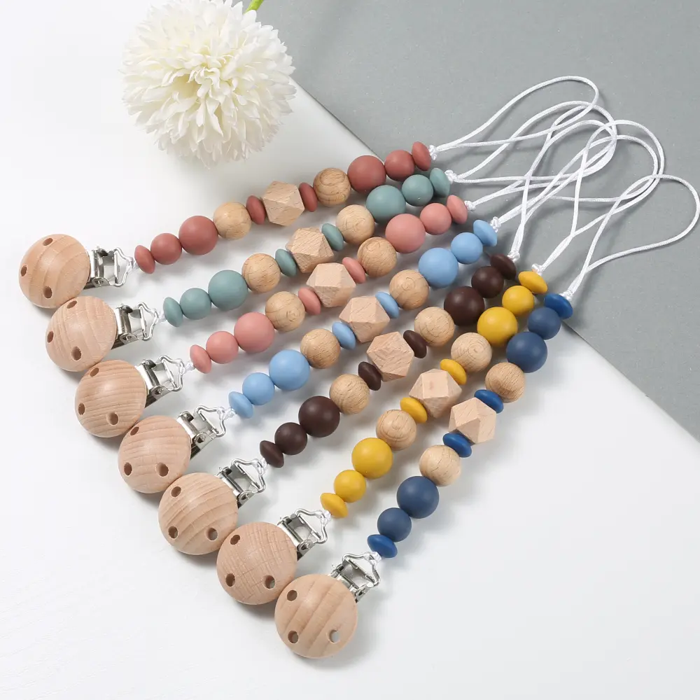 New Baby Pacifier Chain Clips Wood Silicone Round Octagonal Beads Teething Chain For Infant Appease Soother Dummy Holder Clip