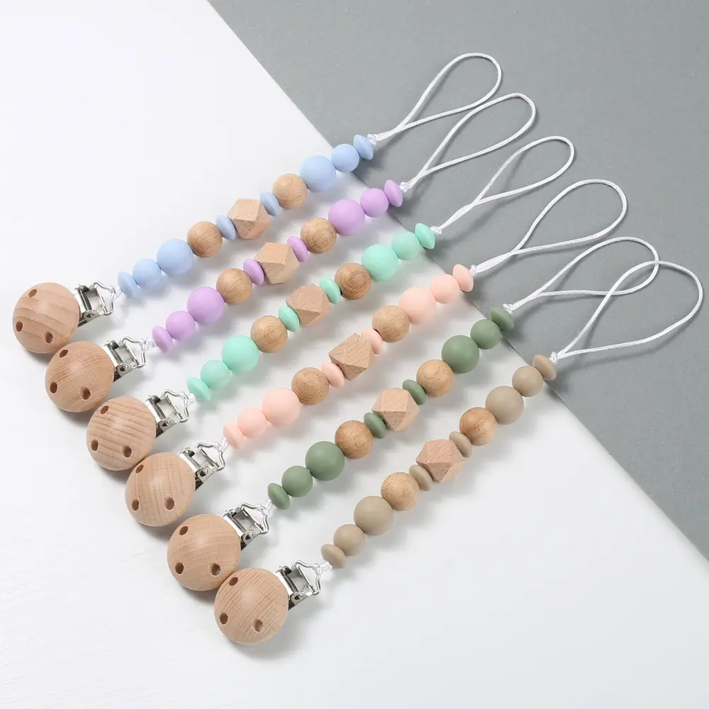 New Baby Pacifier Chain Clips Wood Silicone Round Octagonal Beads Teething Chain For Infant Appease Soother Dummy Holder Clip