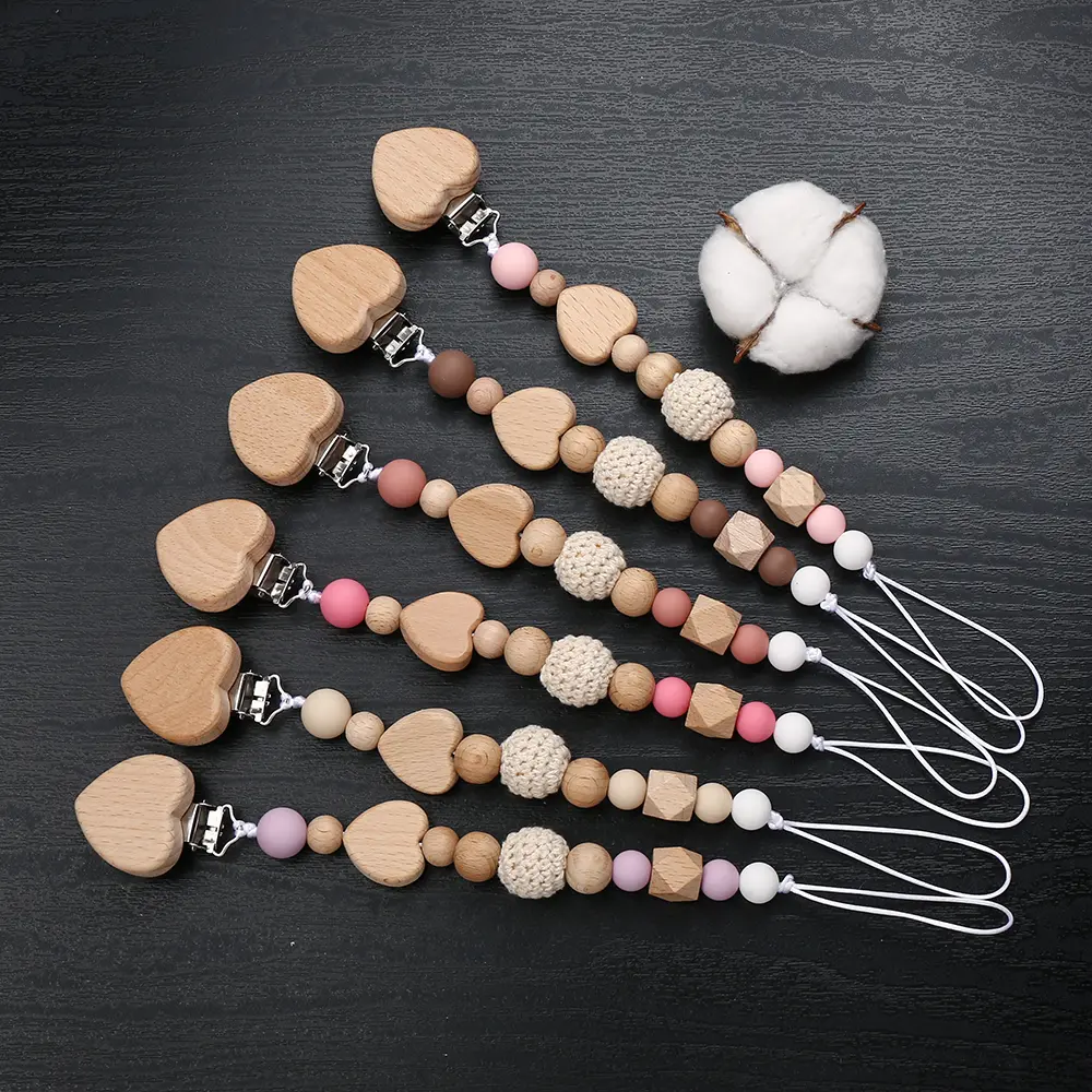 New Beech Wooden Baby Pacifier Chain Clip Heart Beads Silicone Beads Dummy Nipple Holder  for Newborn Teether Pendant Toys Gift