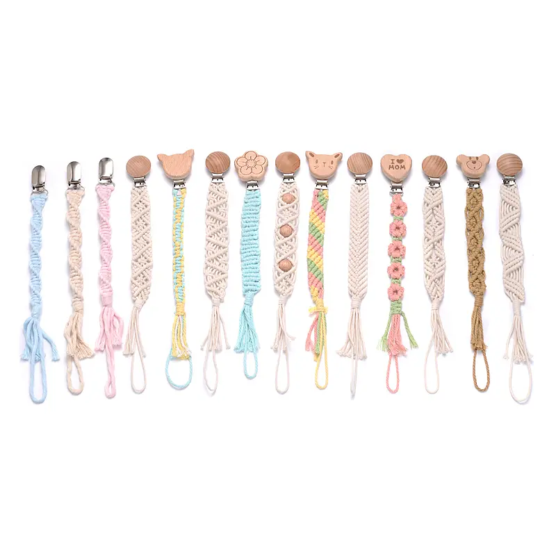 Baby Beech Wood Pacifier Clip Handmade Crochet Cotton Rope Nipple Chain For Baby Nursing Chew Toy Shower Gift Soother Chain