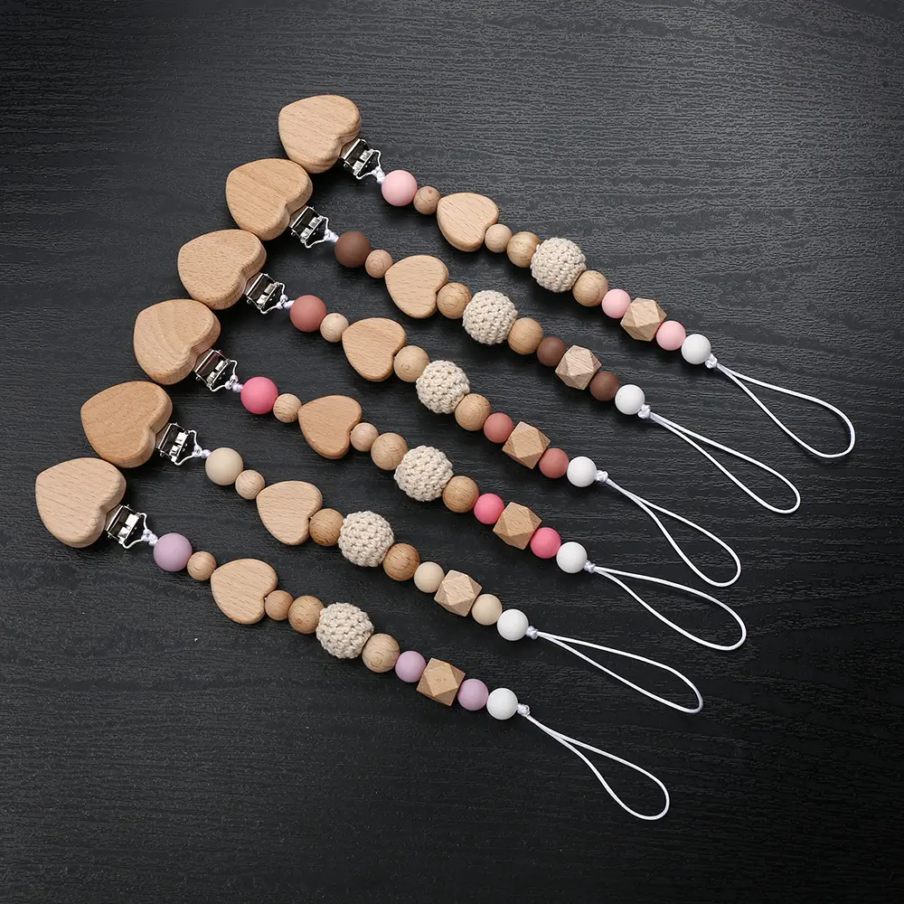 New Beech Wooden Baby Pacifier Chain Clip Heart Beads Silicone Beads Dummy Nipple Holder  for Newborn Teether Pendant Toys Gift
