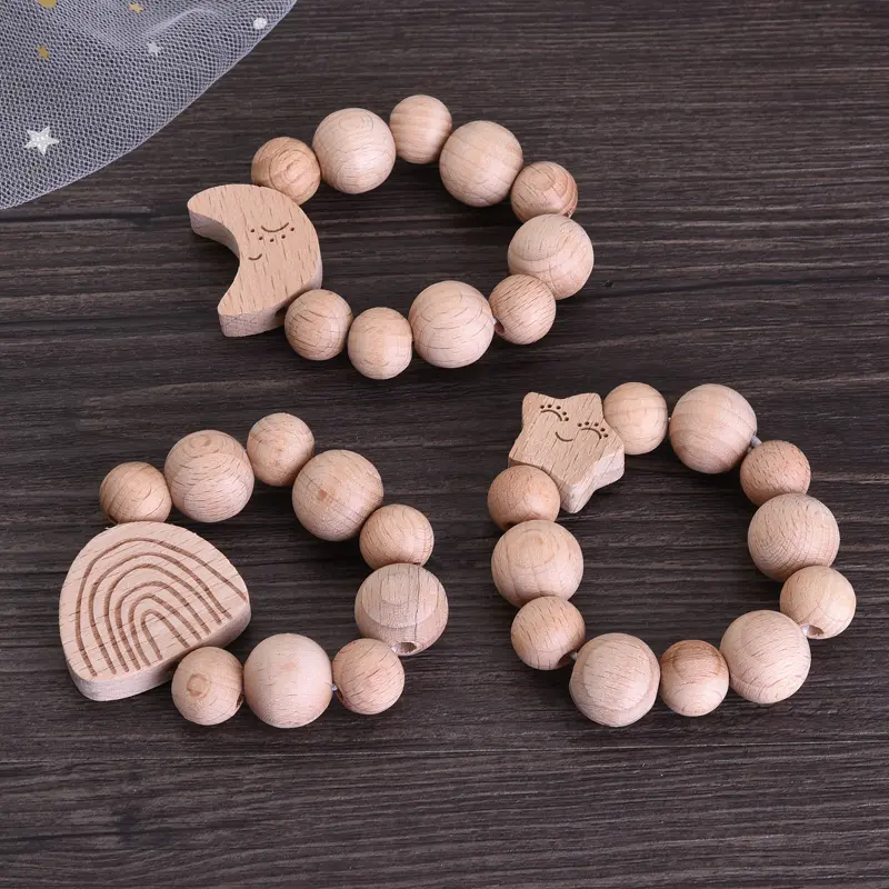 Baby Beech Wood Pacifier Clip Hand Ring Set Wooden Round Bead Soother Nipple Chain For Nursing Toy Infant Teether Teething Chain