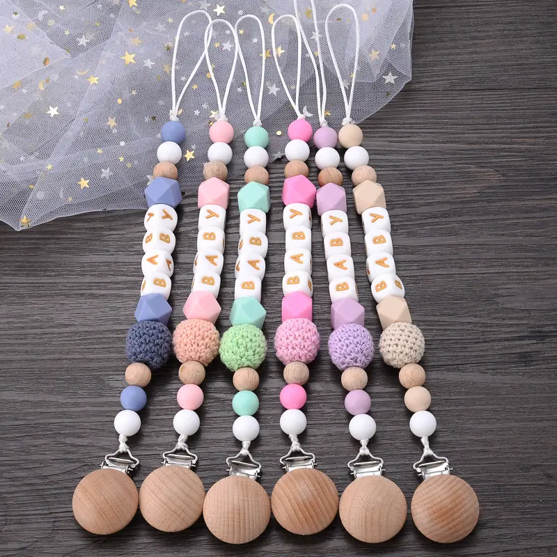 Custom Personalized Name Pacifier Clip Handmade Silicone Gold Letter Beads Holder Soother Baby Teething Chain Toy Chew Gift