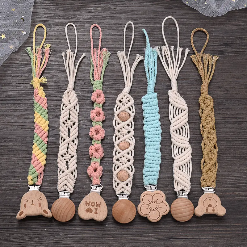 Baby Beech Wood Pacifier Clip Handmade Crochet Cotton Rope Nipple Chain For Baby Nursing Chew Toy Shower Gift Soother Chain