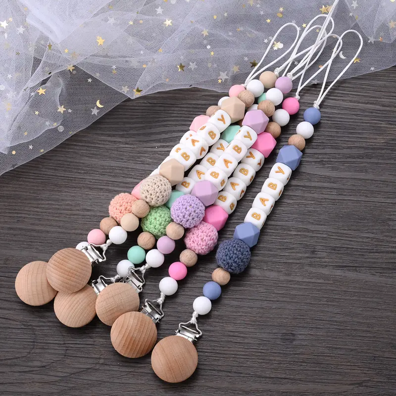 Custom Personalized Name Pacifier Clip Handmade Silicone Gold Letter Beads Holder Soother Baby Teething Chain Toy Chew Gift