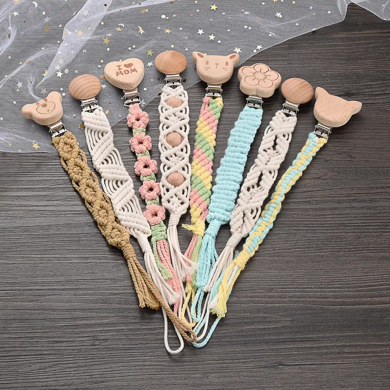 Baby Beech Wood Pacifier Clip Handmade Crochet Cotton Rope Nipple Chain For Baby Nursing Chew Toy Shower Gift Soother Chain