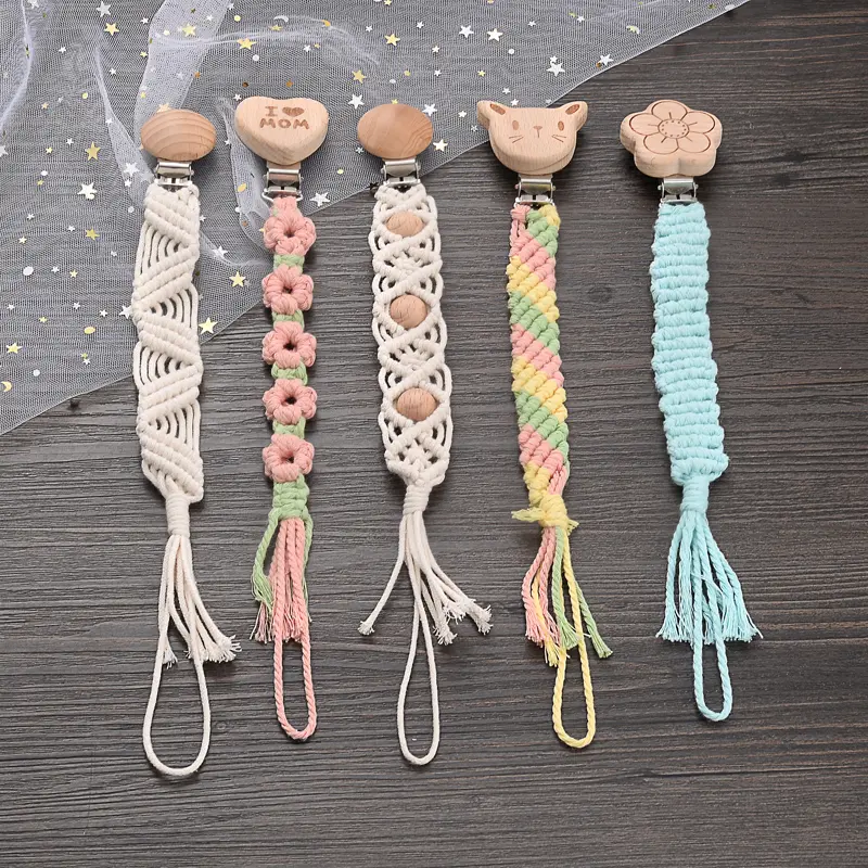 Baby Beech Wood Pacifier Clip Handmade Crochet Cotton Rope Nipple Chain For Baby Nursing Chew Toy Shower Gift Soother Chain