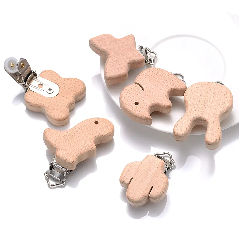 5Pcs/Lot 9 Style Fish Rabbit Butterfly Shape Beech Wooden Clips Metal Bracket for Baby Pacifier Clips Chain Holder Accessories