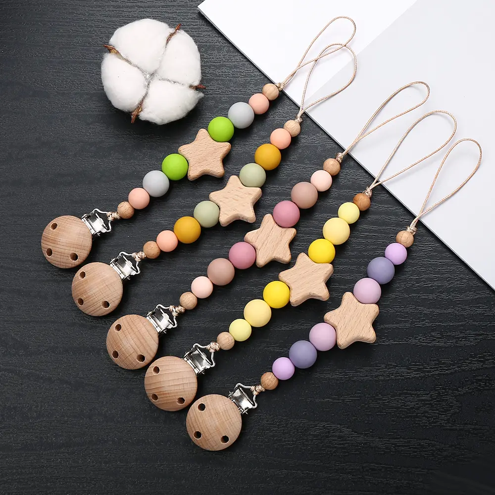 Star Wood Baby Colorful Pacifier Chain Dummy Clips Pacifier Holder Clips Nipple Holder Clips Soother Holder Baby Teething Toys