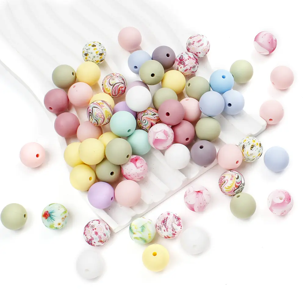 15mm 40Pcs Silicone Beads Pacifier Chain Teething Toy BPA Free Chewable Teething Beads Pacifier Teether DIY Necklace Accessories