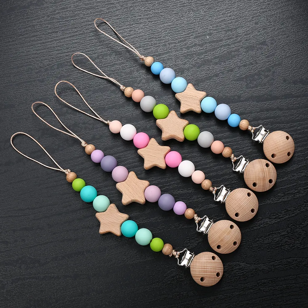 Star Wood Baby Colorful Pacifier Chain Dummy Clips Pacifier Holder Clips Nipple Holder Clips Soother Holder Baby Teething Toys