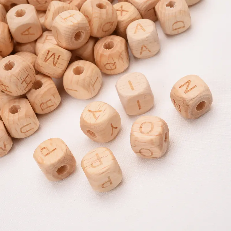 50Pcs/Lot 12mm English Alphabet Letter Beech Custom Personalized Name Wooden Teether Beads DIY Pacifier Chain Baby Goods Toys