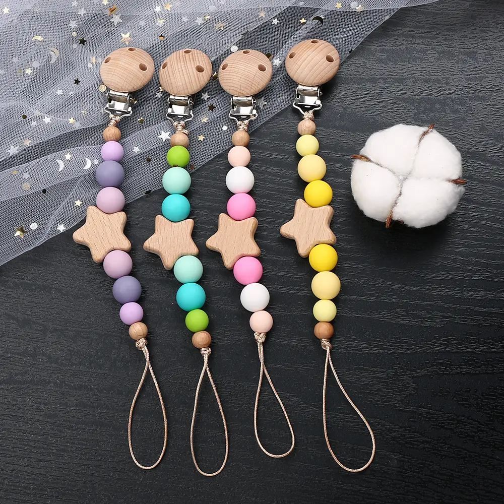 Star Wood Baby Colorful Pacifier Chain Dummy Clips Pacifier Holder Clips Nipple Holder Clips Soother Holder Baby Teething Toys