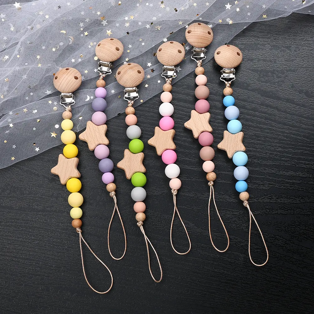 Star Wood Baby Colorful Pacifier Chain Dummy Clips Pacifier Holder Clips Nipple Holder Clips Soother Holder Baby Teething Toys