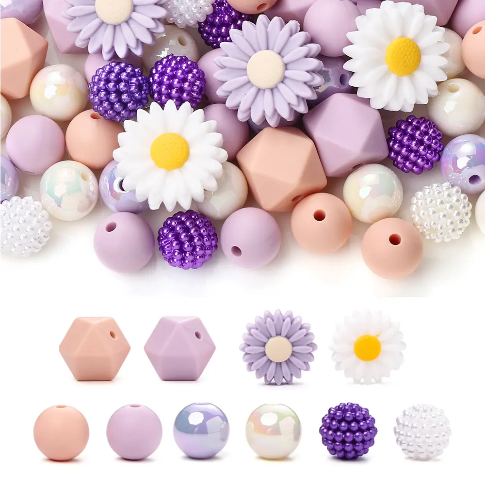 70Pcs Silicone Baby Teething Bead Set Daisy Hexagonal Shape Beads Food Grade for Newborn Diy Pacifier Chain Necklace Accessories