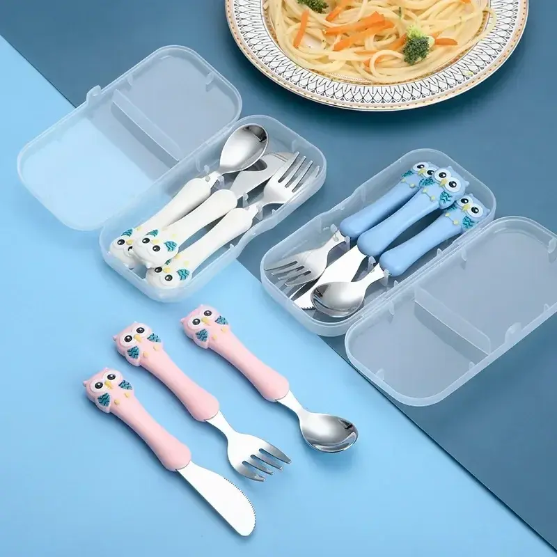 3pcs/setChildren Spoon Forks Box Kids Stainless Steel Kids Cutlery Portable Baby Feeding Utensils Baby Spoons Baby Tableware Set
