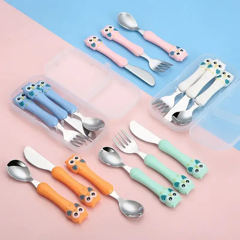 3pcs/setChildren Spoon Forks Box Kids Stainless Steel Kids Cutlery Portable Baby Feeding Utensils Baby Spoons Baby Tableware Set