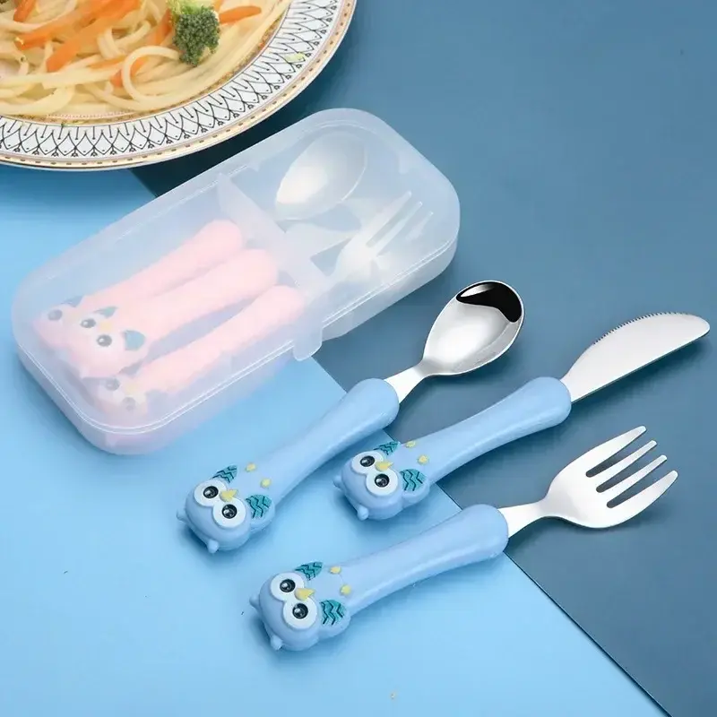 3pcs/setChildren Spoon Forks Box Kids Stainless Steel Kids Cutlery Portable Baby Feeding Utensils Baby Spoons Baby Tableware Set