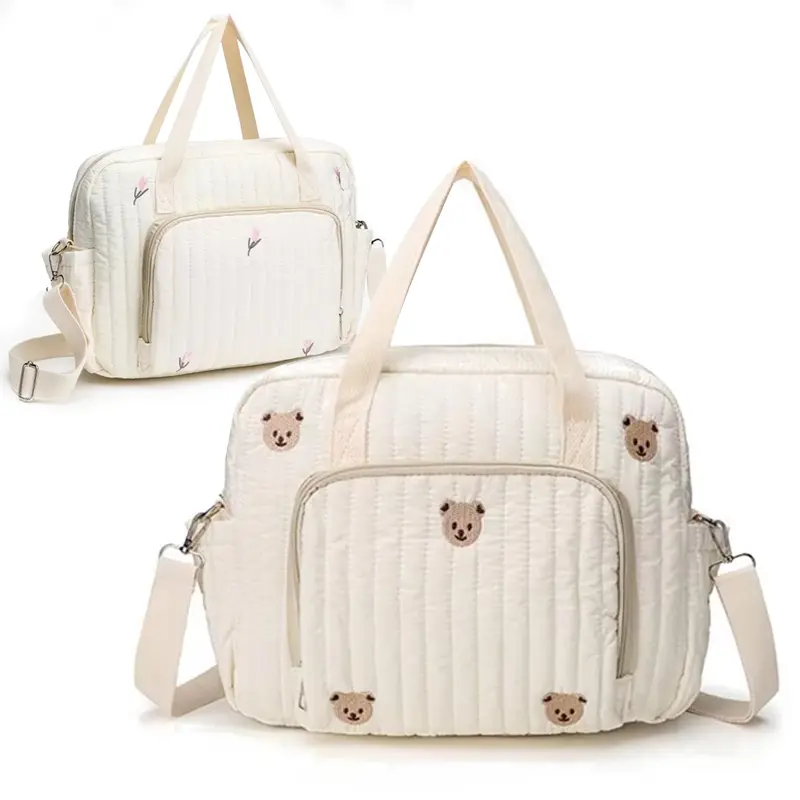 Baby Diaper Bag Cute Bear Flower Embroidery Pattern Mommy Bag Baby Beige Cotton Fabric Zipper Diaper Handbag New Luggage Bags