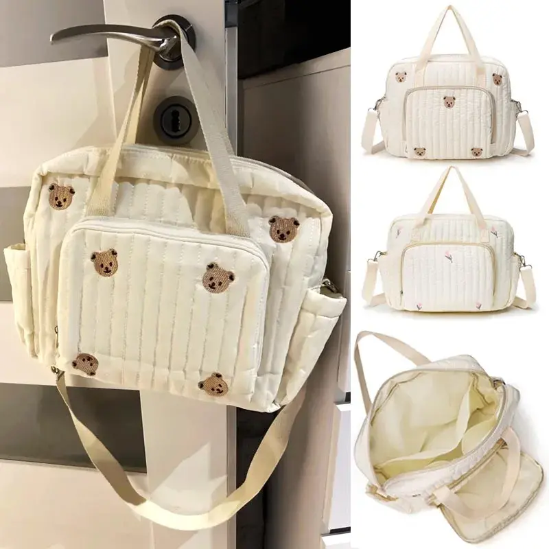 Baby Diaper Bag Cute Bear Flower Embroidery Pattern Mommy Bag Baby Beige Cotton Fabric Zipper Diaper Handbag New Luggage Bags