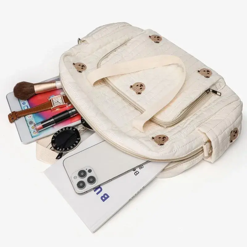 Baby Diaper Bag Cute Bear Flower Embroidery Pattern Mommy Bag Baby Beige Cotton Fabric Zipper Diaper Handbag New Luggage Bags