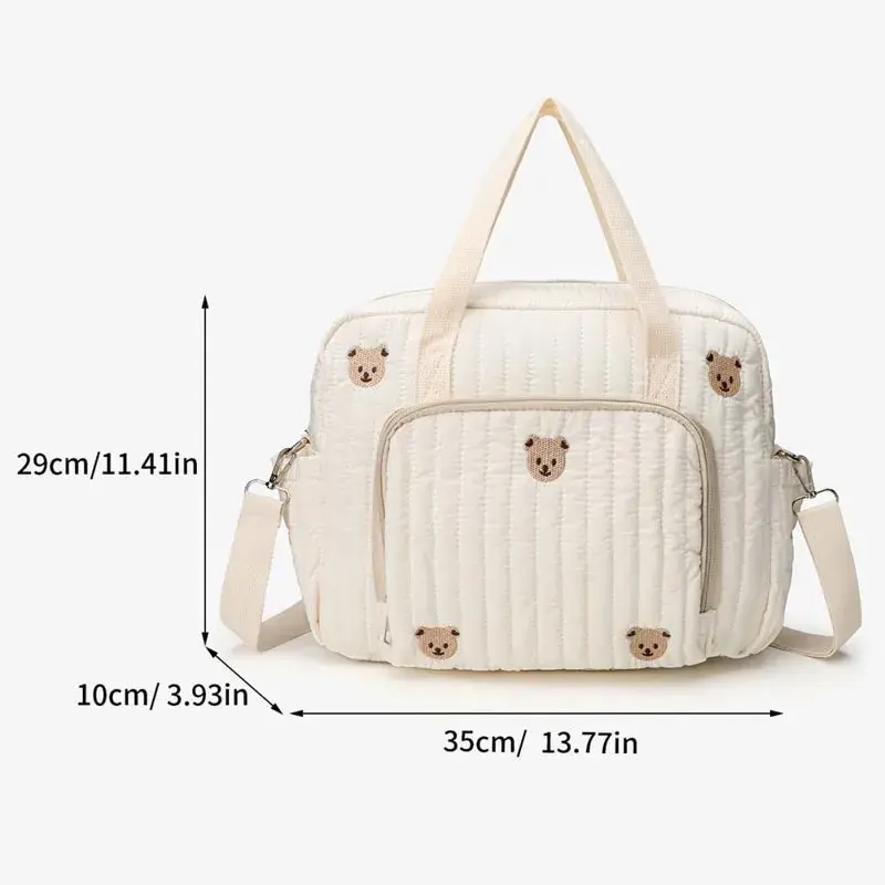 Baby Diaper Bag Cute Bear Flower Embroidery Pattern Mommy Bag Baby Beige Cotton Fabric Zipper Diaper Handbag New Luggage Bags