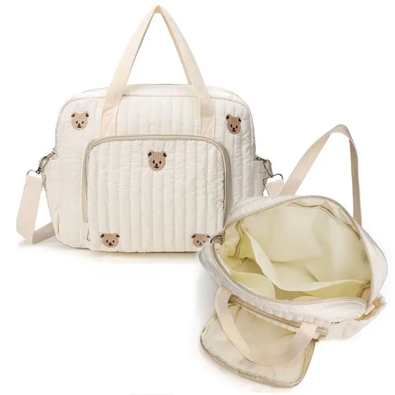 Baby Diaper Bag Cute Bear Flower Embroidery Pattern Mommy Bag Baby Beige Cotton Fabric Zipper Diaper Handbag New Luggage Bags