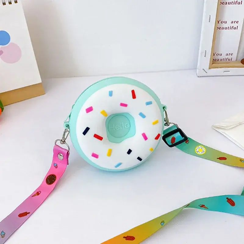 Round Donut Crossbody Bag Child Child Girl Children Shoulder Bag Adjustable Strap Vacation Travel Rainbow Printed Pocket Package