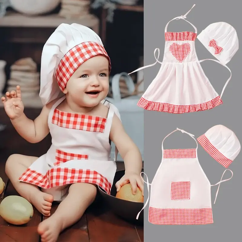 2pcs/set Baby Chef Apron Hat Newborn Photography Props Kids Costumes Chef Baby Cook Costume