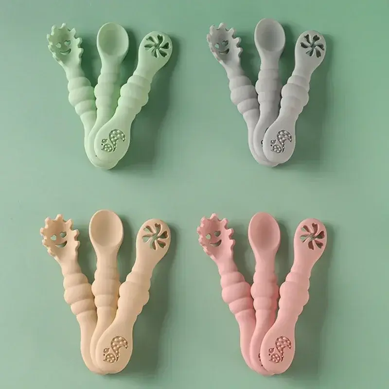 3PCS Silicone Spoon Fork For Baby Utensils Set Feeding Food Toddler Learn To Eat Training Soft Fork Cutlery Children's Tableware