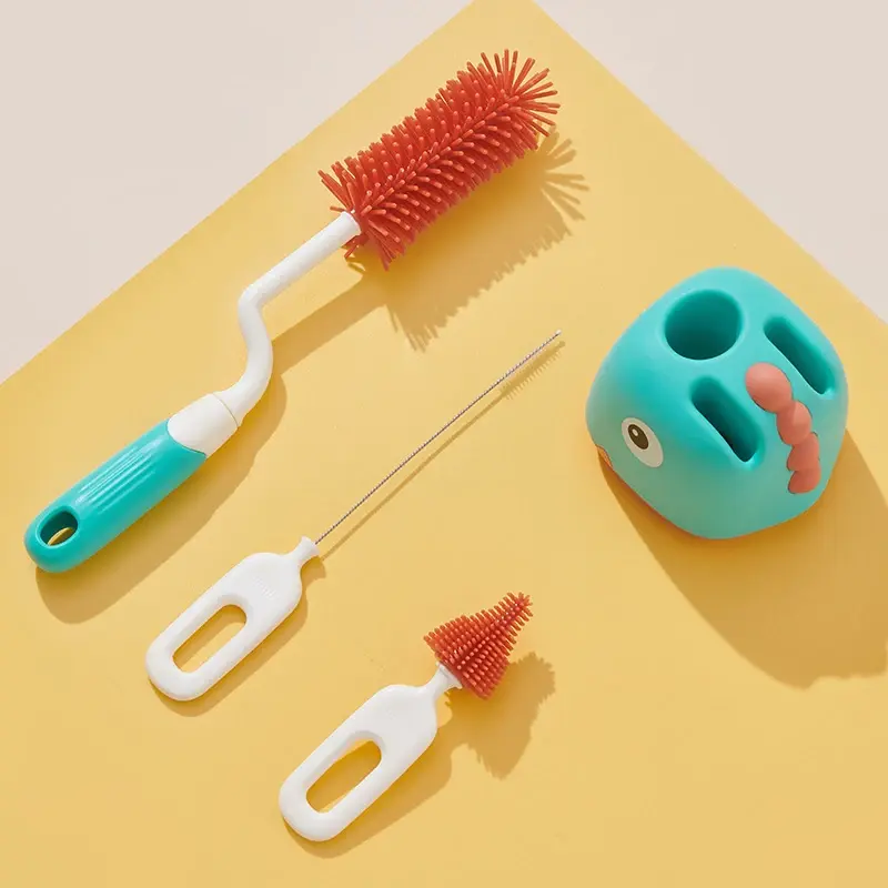 Baby Silicone Bottle Brush Long Handle Cleaning Brush 360-degree Rotating Drying Rack Combination Portable Cleaning Tool Set