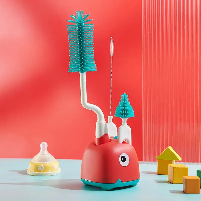 Baby Silicone Bottle Brush Long Handle Cleaning Brush 360-degree Rotating Drying Rack Combination Portable Cleaning Tool Set
