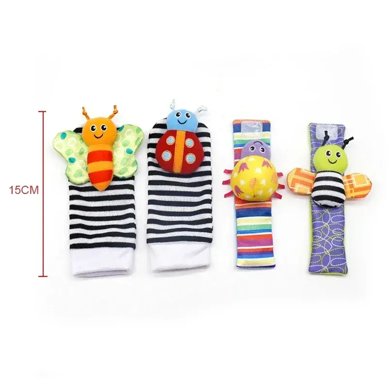 4Pcs Baby Toy 0-12 Months Baby Rattles Toys Animal Socks Wrist Strap +Rattle Baby Foot Socks Bug Wrist Strap Toddler Socks