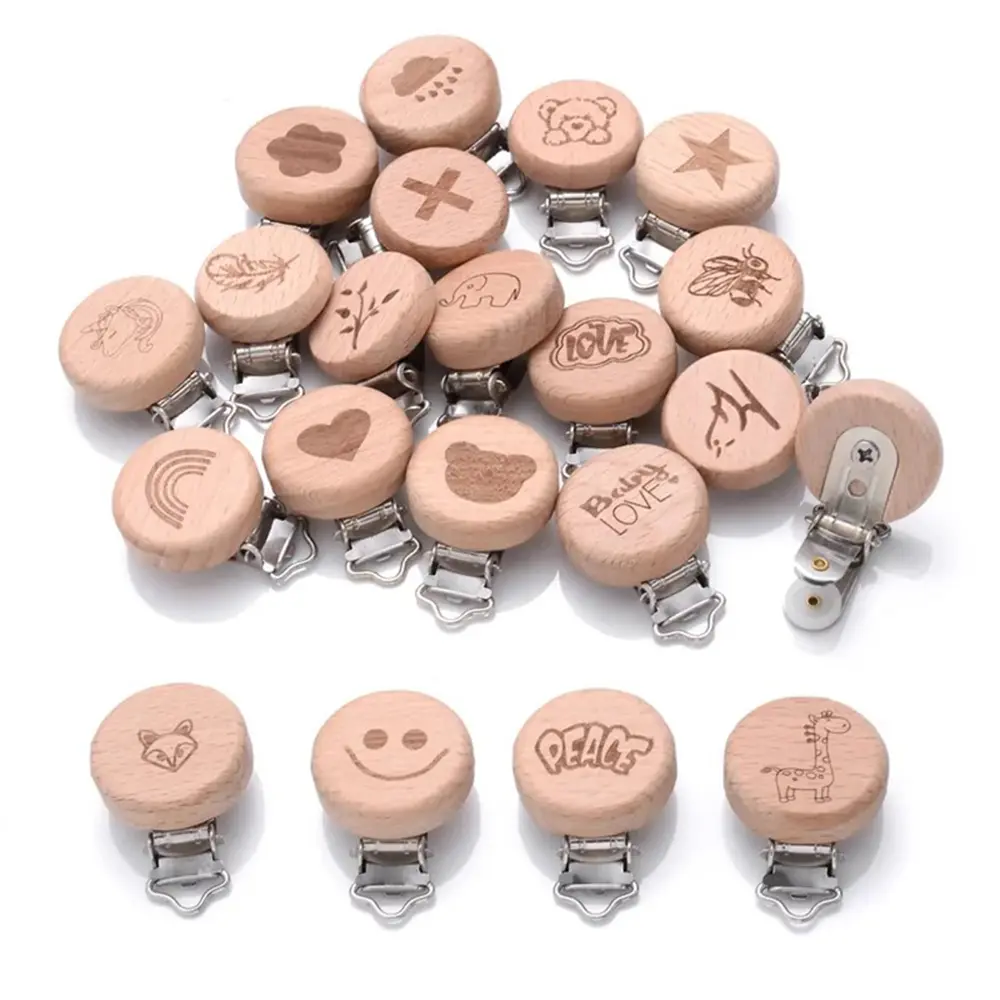 5Pcs/Lot Food Grade Beech Wooden Clip Animal Heart Pattern Dummy Clip for Baby Teething Pacifier Chain Holder DIY Accesories