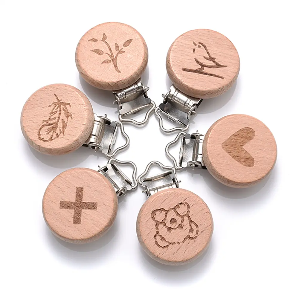 5Pcs/Lot Food Grade Beech Wooden Clip Animal Heart Pattern Dummy Clip for Baby Teething Pacifier Chain Holder DIY Accesories