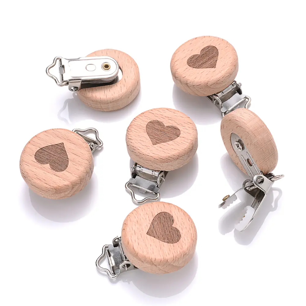 5Pcs/Lot Food Grade Beech Wooden Clip Animal Heart Pattern Dummy Clip for Baby Teething Pacifier Chain Holder DIY Accesories