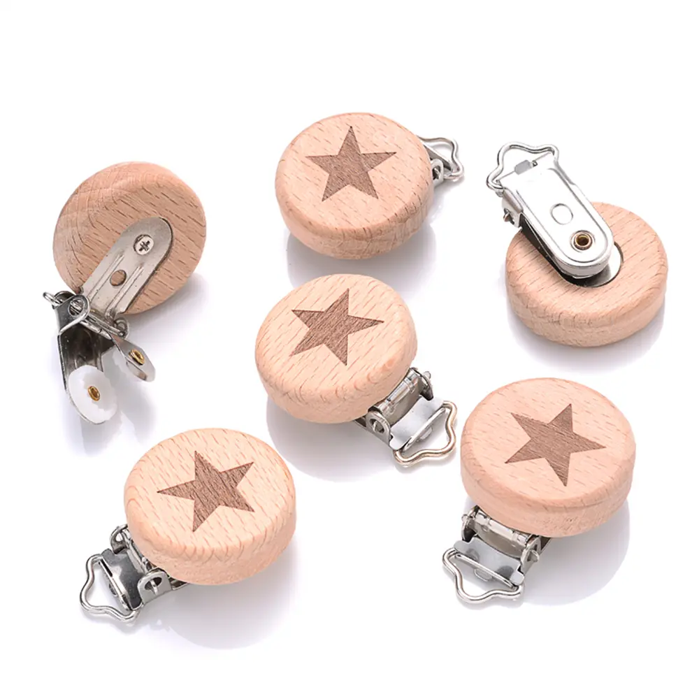 5Pcs/Lot Food Grade Beech Wooden Clip Animal Heart Pattern Dummy Clip for Baby Teething Pacifier Chain Holder DIY Accesories