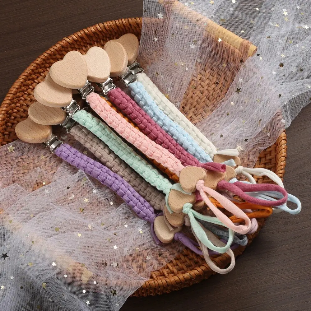 New Pacifier Weave Chain Pendant for Beech Wooden Heart Nipple Holder Soother Chain Clips Teethers for Baby Accessories