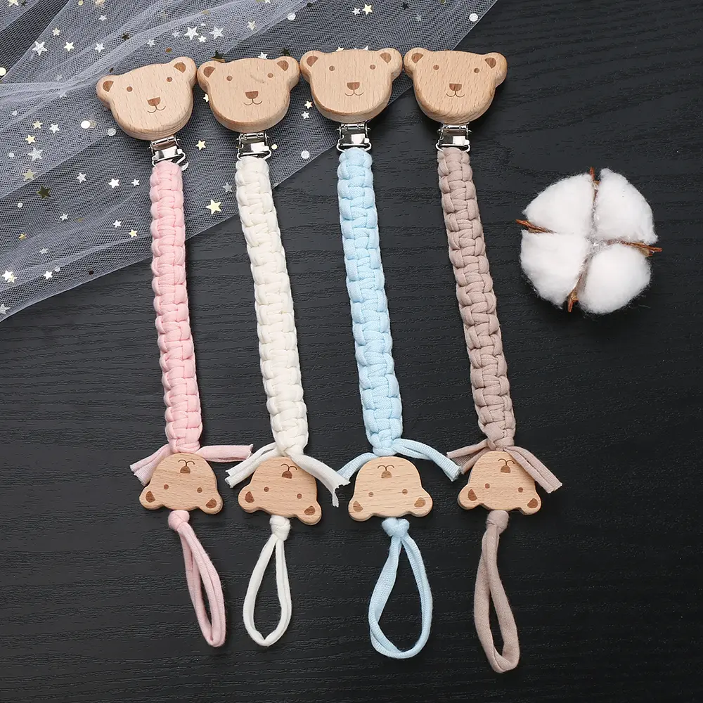 Baby Pacifier Chain Beech Wood Animal Nipple Clips Weave Cotton Rope For Infant Soother Dummy Holder Chain Nursing Chew Toys