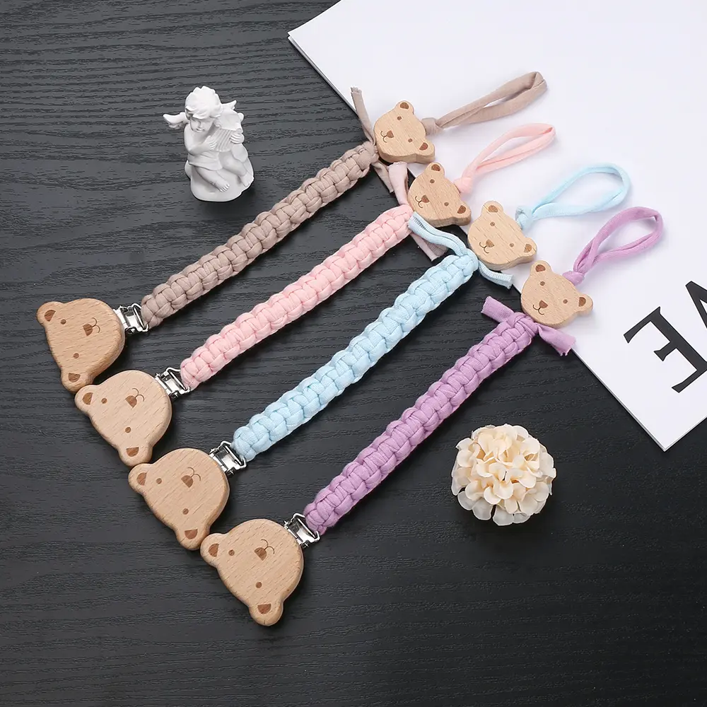 Baby Pacifier Chain Beech Wood Animal Nipple Clips Weave Cotton Rope For Infant Soother Dummy Holder Chain Nursing Chew Toys