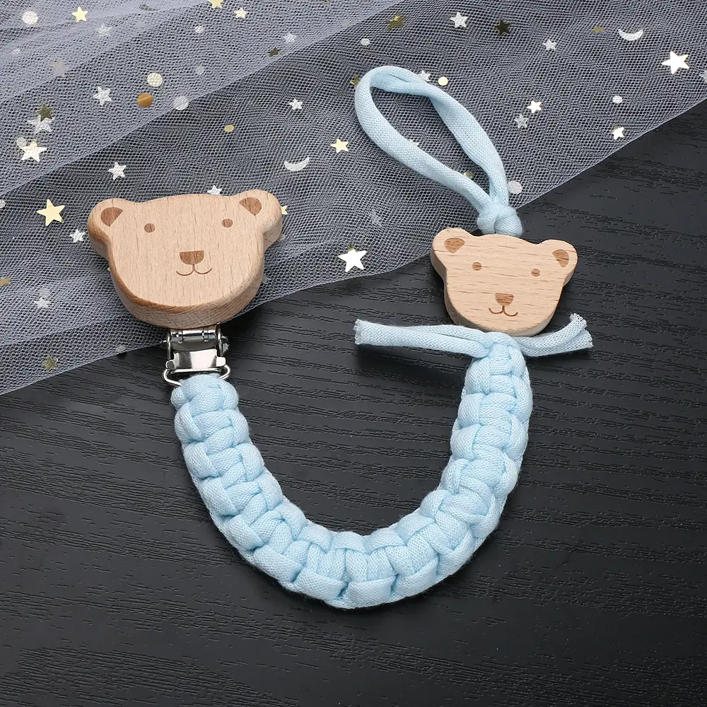 Baby Pacifier Chain Beech Wood Animal Nipple Clips Weave Cotton Rope For Infant Soother Dummy Holder Chain Nursing Chew Toys