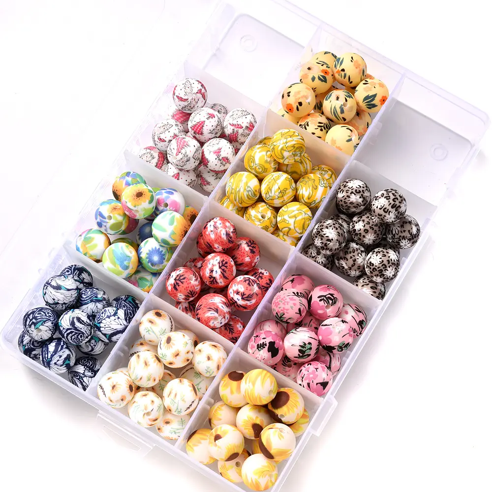 10Pcs Silicone Teether Chew Beads 15mm Print Colorful Pattern Focus Beads For Baby Pacifier Chain Bracelet DIY Jewelry Making