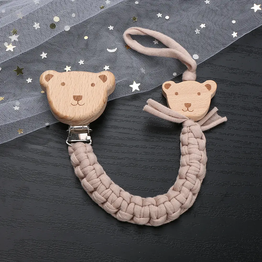 Baby Pacifier Chain Beech Wood Animal Nipple Clips Weave Cotton Rope For Infant Soother Dummy Holder Chain Nursing Chew Toys